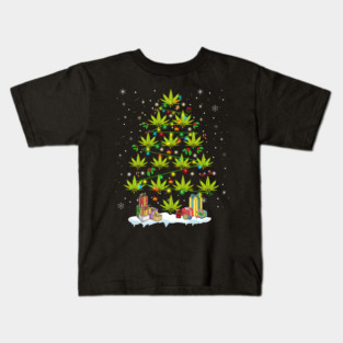 Funny Cannabis Christmas Tree with Lights and Holiday Gifts Art Kids T-Shirt