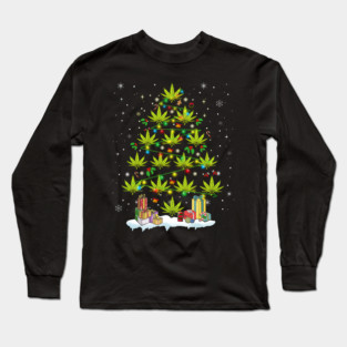 Funny Cannabis Christmas Tree with Lights and Holiday Gifts Art Long Sleeve T-Shirt