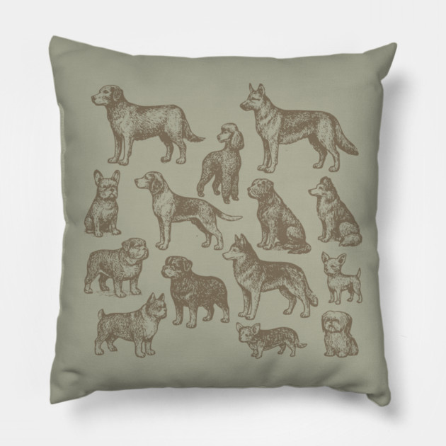Vintage Dog Breeds Illustration – Classic Sepia Sketch Design Pillow by DonWillisJrArt