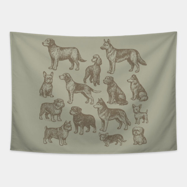 Vintage Dog Breeds Illustration – Classic Sepia Sketch Design Tapestry by DonWillisJrArt