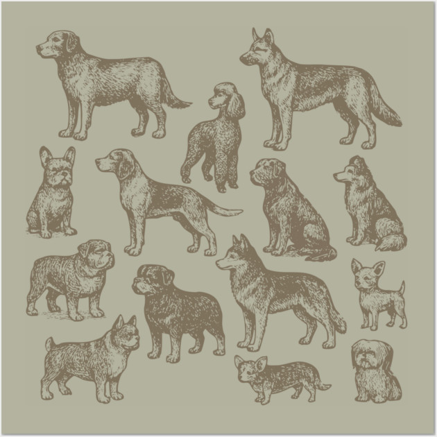 Vintage Dog Breeds Illustration – Classic Sepia Sketch Design Wall Art by DonWillisJrArt