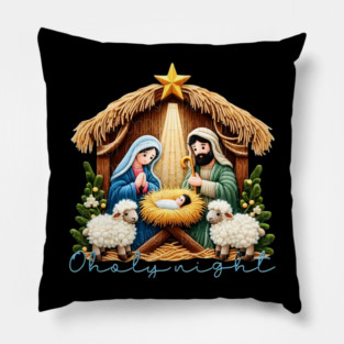O Holy Night Nativity Scene - Faux Yarn, Mary, Joseph & Baby Jesus In A Manger, Christian Christmas Pillow