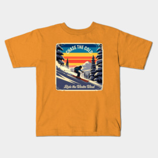 Retro Ski Poster with Snowy Pines, Mountains, and Warm Sky Colors Kids T-Shirt