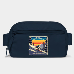 Retro Ski Poster with Snowy Pines, Mountains, and Warm Sky Colors Bag
