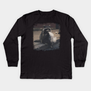 Vaping Street Cat, Raccoon sitting on curb Kids Long Sleeve T-Shirt