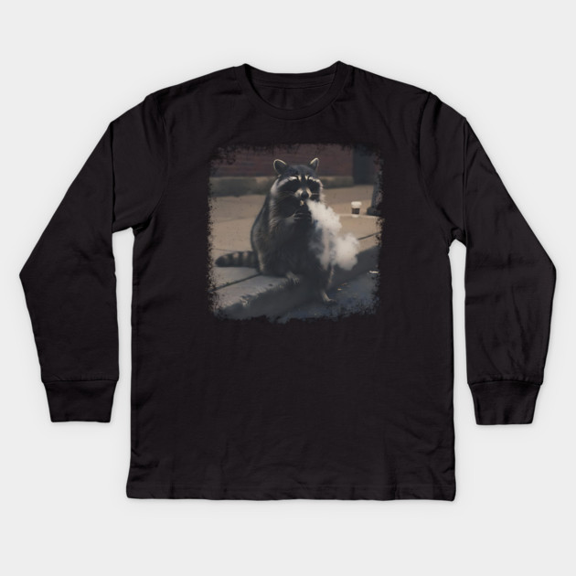 Vaping Street Cat, Raccoon sitting on curb Kids Long Sleeve T-Shirt by Luxinda