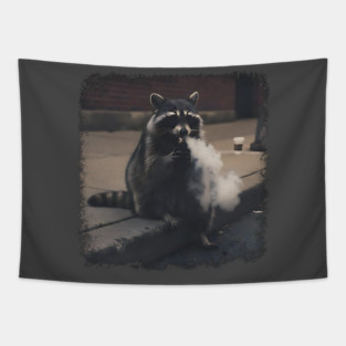 Vaping Street Cat, Raccoon sitting on curb Tapestry