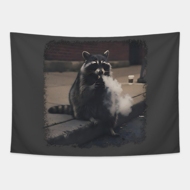 Vaping Street Cat, Raccoon sitting on curb Tapestry by Luxinda