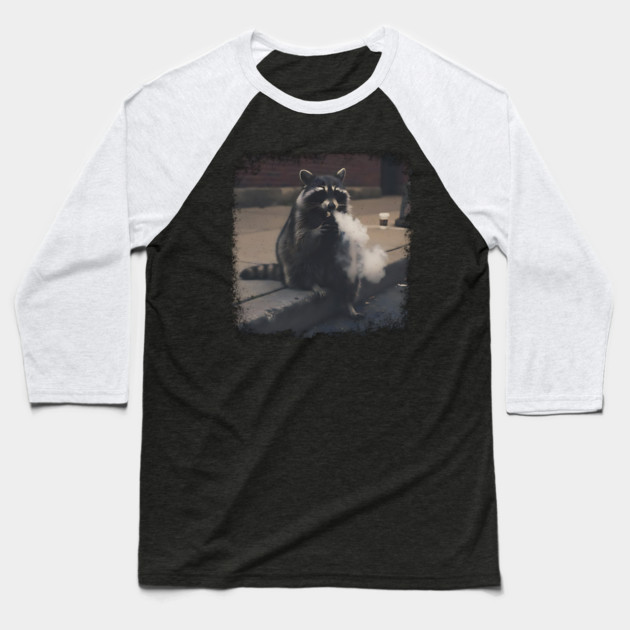 Vaping Street Cat, Raccoon sitting on curb Baseball T-Shirt by Luxinda