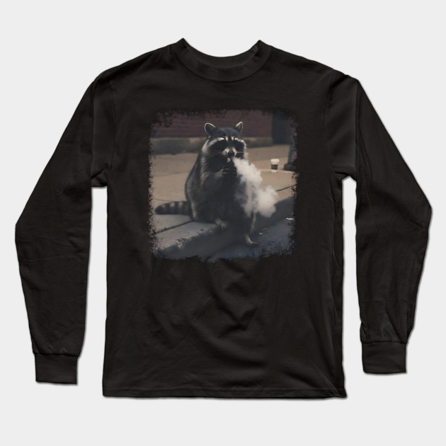 Vaping Street Cat, Raccoon sitting on curb Long Sleeve T-Shirt by Luxinda