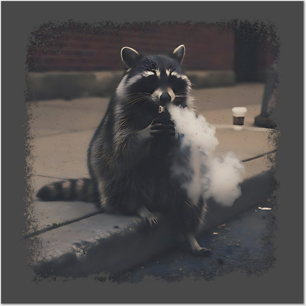 Vaping Street Cat, Raccoon sitting on curb Wall Art by Luxinda