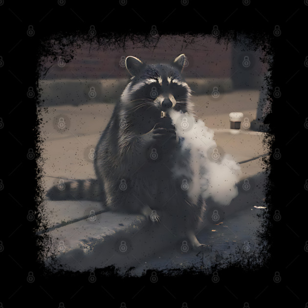 Vaping Street Cat, Raccoon sitting on curb by Luxinda