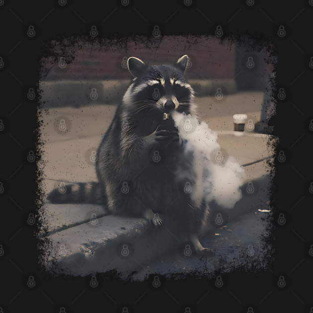 Vaping Street Cat, Raccoon sitting on curb by Luxinda