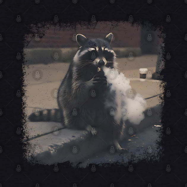 Vaping Street Cat, Raccoon sitting on curb by Luxinda