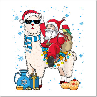 Funny Santa Riding Llama with Hanukkah Gifts Holiday Celebration Posters and Art