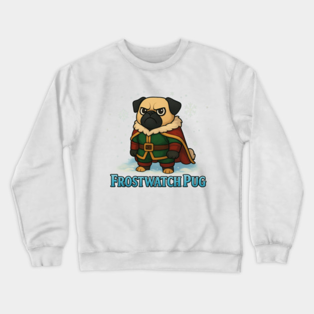 Frostwatch Pug – Fantasy Winter Dog Adventurer Christmas Design Crewneck Sweatshirt by Anne Lee