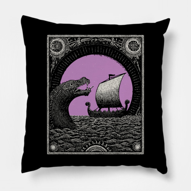 Viking Saga - The Voyage and the Sea Serpent Pillow by TuncGK