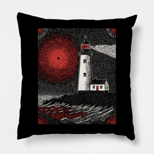 Gothic Lighthouse - The Crimson Beacon Pillow by TuncGK