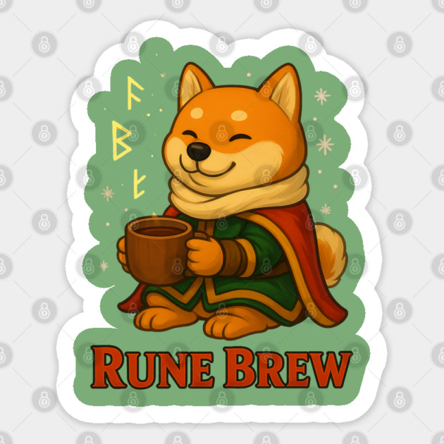 Rune Brew – Cozy Shiba Adventurer Fantasy Coffee Design Sticker by Anne Lee