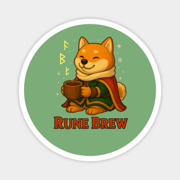 Rune Brew – Cozy Shiba Adventurer Fantasy Coffee Design Magnet by Anne Lee