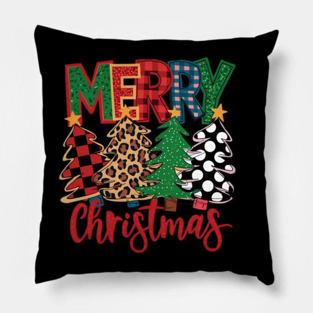 Merry Christmas Plaid Trees Leopard Polka Dot Design Pillow by Kathy Hawke