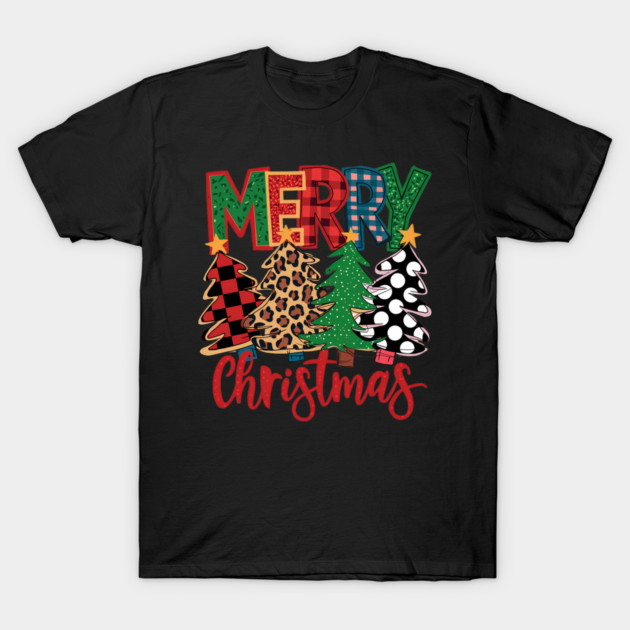 Merry Christmas Plaid Trees Leopard Polka Dot Design T-Shirt by Kathy Hawke