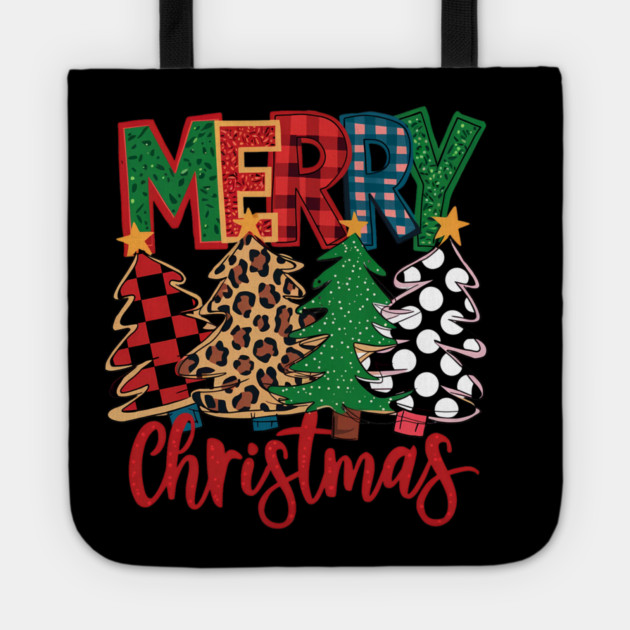 Merry Christmas Plaid Trees Leopard Polka Dot Design Tote by Kathy Hawke