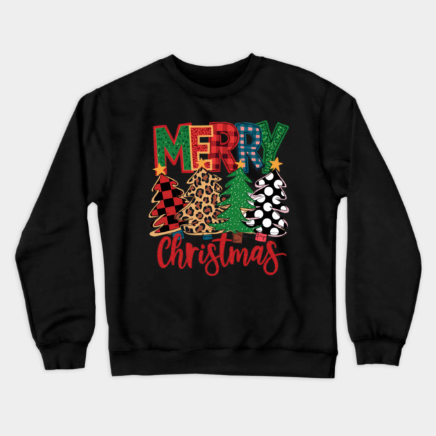 Merry Christmas Plaid Trees Leopard Polka Dot Design Crewneck Sweatshirt by Kathy Hawke