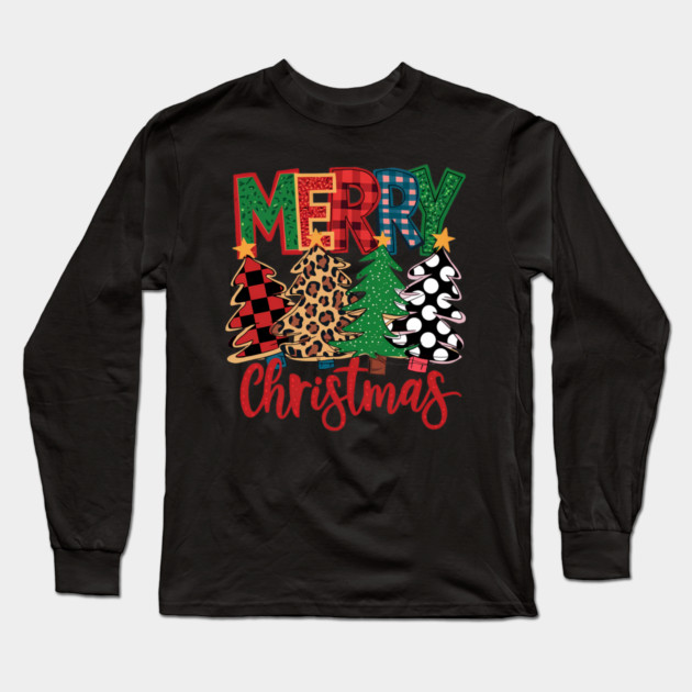 Merry Christmas Plaid Trees Leopard Polka Dot Design Long Sleeve T-Shirt by Kathy Hawke
