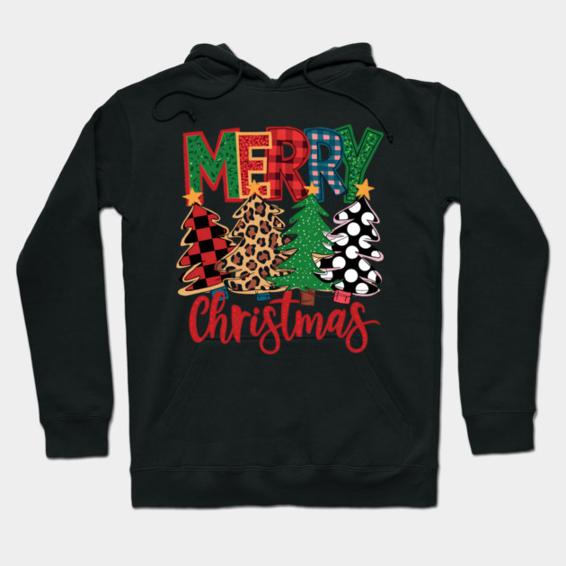 Merry Christmas Plaid Trees Leopard Polka Dot Design Hoodie by Kathy Hawke