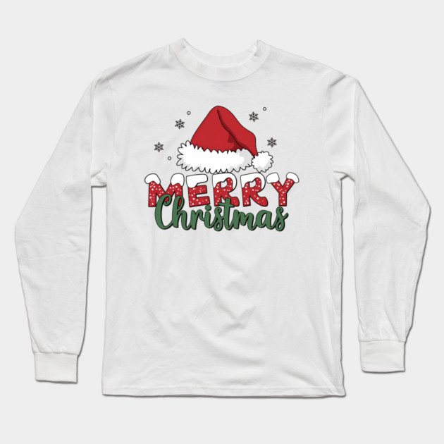 Merry Christmas Santa Hat Red and Green Holiday Design Long Sleeve T-Shirt by Kathy Hawke