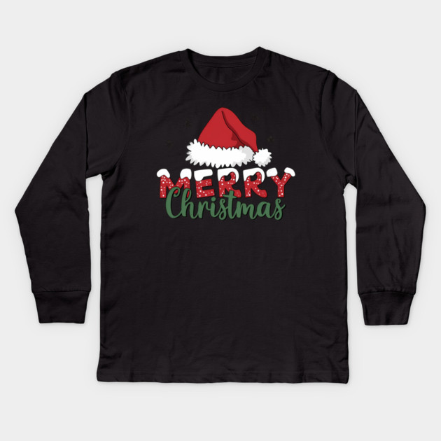 Merry Christmas Santa Hat Red and Green Holiday Design Kids Long Sleeve T-Shirt by Kathy Hawke