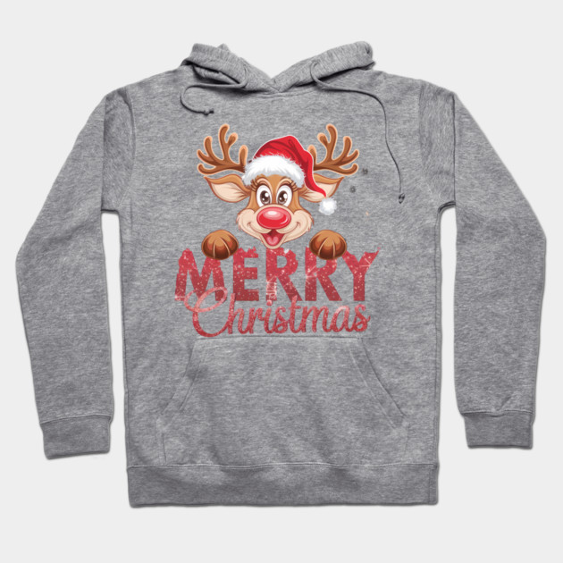 Merry Christmas Reindeer Santa Hat Cute Holiday Design Hoodie by Kathy Hawke