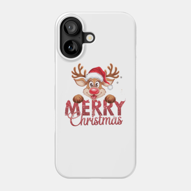 Merry Christmas Reindeer Santa Hat Cute Holiday Design Phone Case by Kathy Hawke