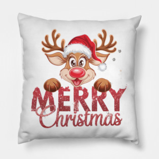 Merry Christmas Reindeer Santa Hat Cute Holiday Design Pillow