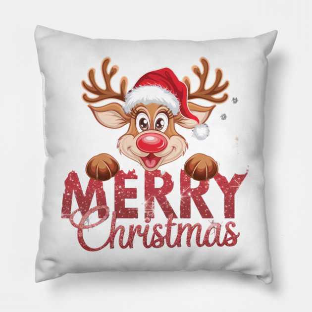 Merry Christmas Reindeer Santa Hat Cute Holiday Design Pillow by Kathy Hawke