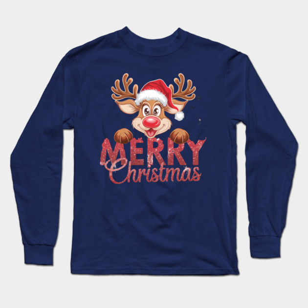 Merry Christmas Reindeer Santa Hat Cute Holiday Design Long Sleeve T-Shirt by Kathy Hawke