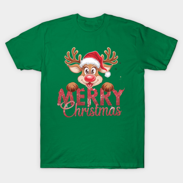 Merry Christmas Reindeer Santa Hat Cute Holiday Design T-Shirt by Kathy Hawke