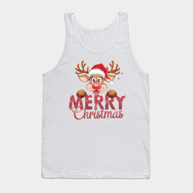 Merry Christmas Reindeer Santa Hat Cute Holiday Design Tank Top by Kathy Hawke