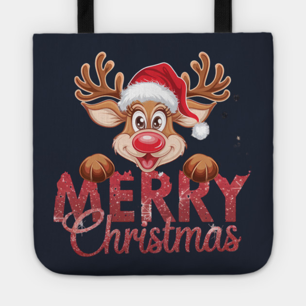 Merry Christmas Reindeer Santa Hat Cute Holiday Design Tote by Kathy Hawke