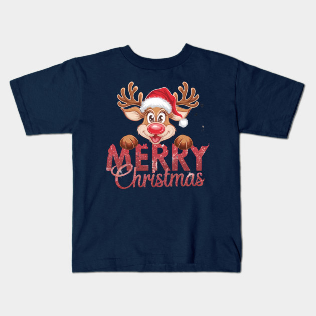 Merry Christmas Reindeer Santa Hat Cute Holiday Design Kids T-Shirt by Kathy Hawke