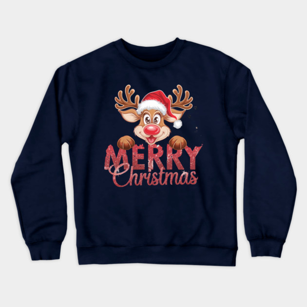Merry Christmas Reindeer Santa Hat Cute Holiday Design Crewneck Sweatshirt by Kathy Hawke