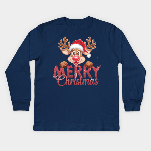 Merry Christmas Reindeer Santa Hat Cute Holiday Design Kids Long Sleeve T-Shirt by Kathy Hawke