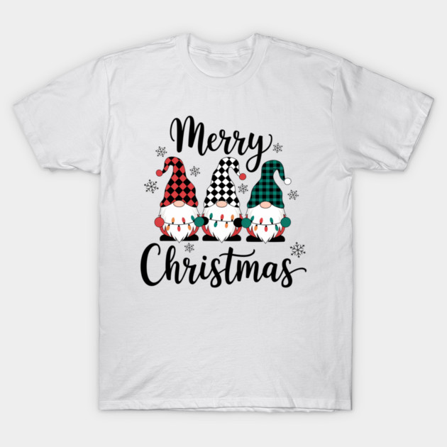 Merry Christmas Gnomes Buffalo Plaid Holiday Design T-Shirt by Kathy Hawke