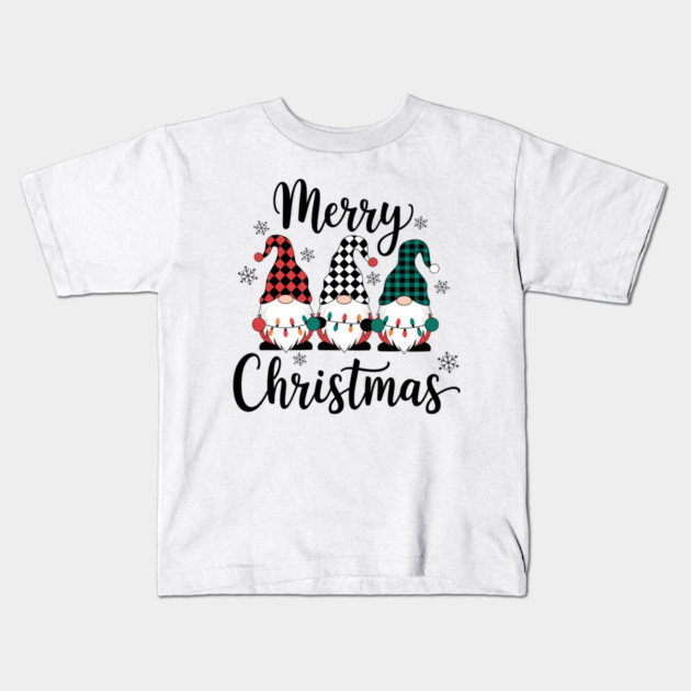 Merry Christmas Gnomes Buffalo Plaid Holiday Design Kids T-Shirt by Kathy Hawke