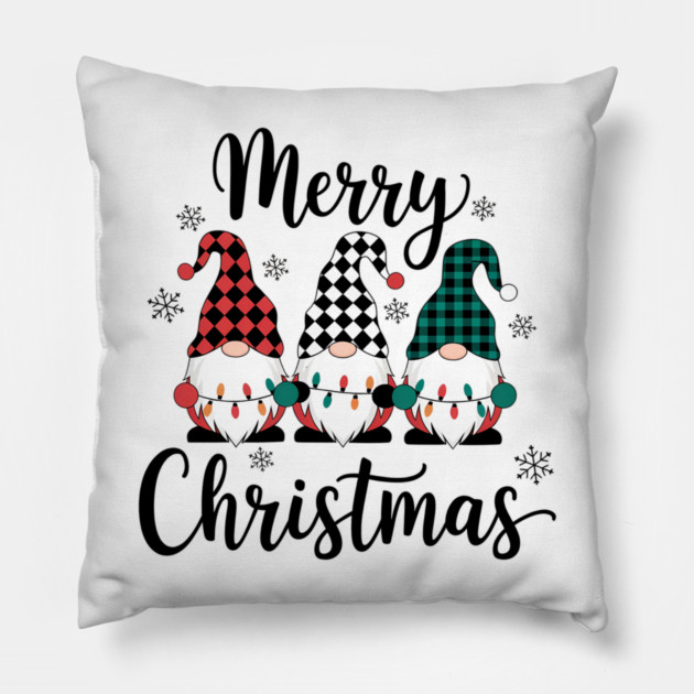 Merry Christmas Gnomes Buffalo Plaid Holiday Design Pillow by Kathy Hawke