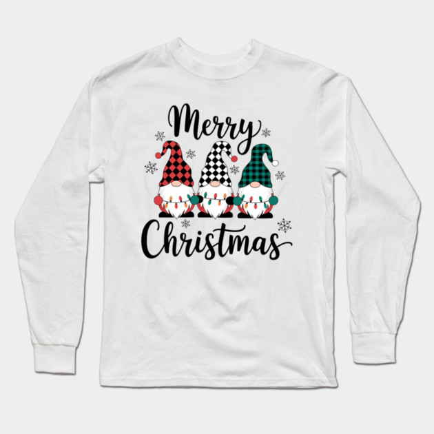 Merry Christmas Gnomes Buffalo Plaid Holiday Design Long Sleeve T-Shirt by Kathy Hawke
