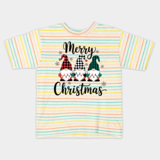 Merry Christmas Gnomes Buffalo Plaid Holiday Design Kids T-Shirt
