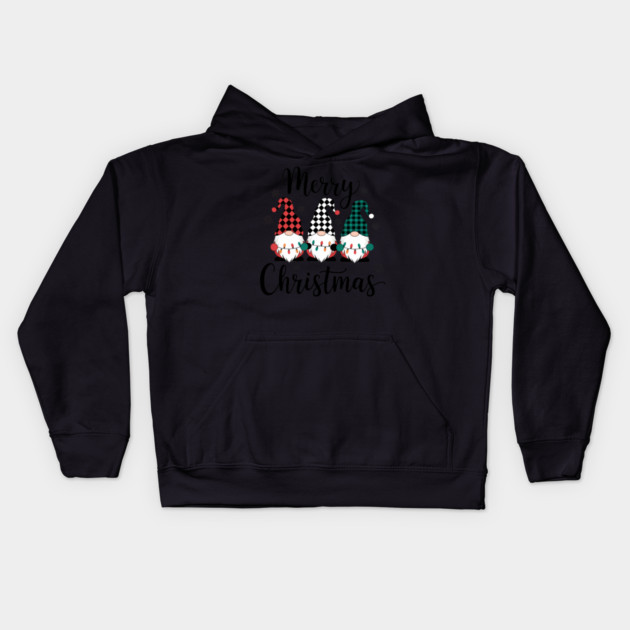 Merry Christmas Gnomes Buffalo Plaid Holiday Design Kids Hoodie by Kathy Hawke