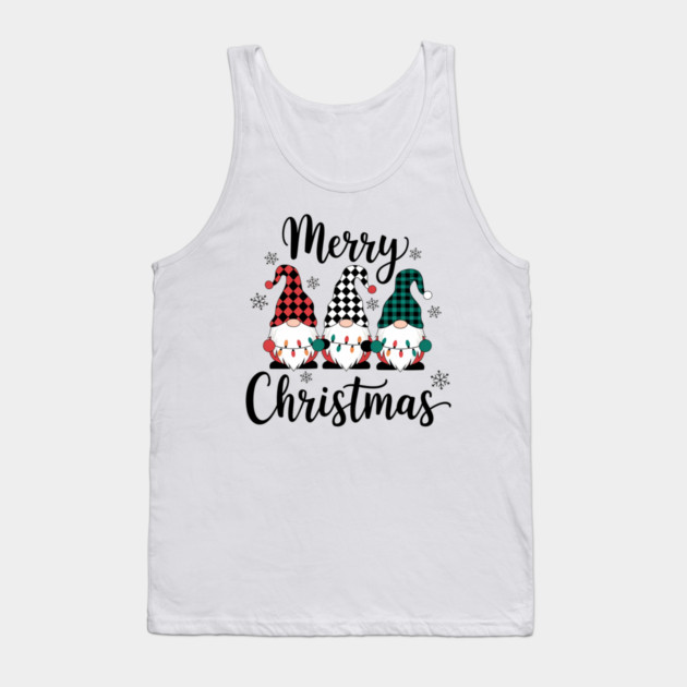 Merry Christmas Gnomes Buffalo Plaid Holiday Design Tank Top by Kathy Hawke